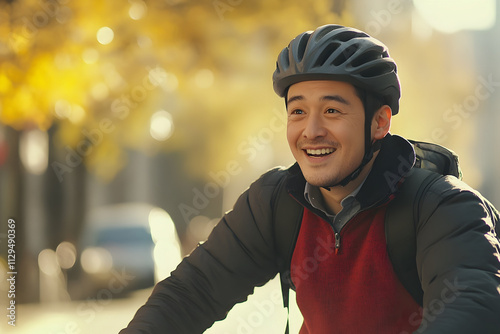 Joyful cyclist navigating a sunny urban path adorned with autumn leaves, capturing the essence of carefree days spent outdoors and connections to nature photo