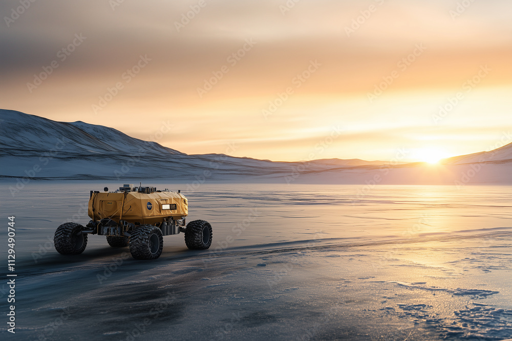 Mars Sample Return rover navigates a frozen landscape at sunset during mission preparations Mars Sample Return rover navigates a frozen landscape at sunset during mission preparations