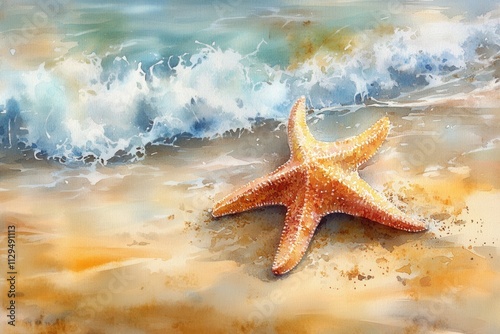 Watercolor painting of a starfish on a sandy shore with waves
 photo