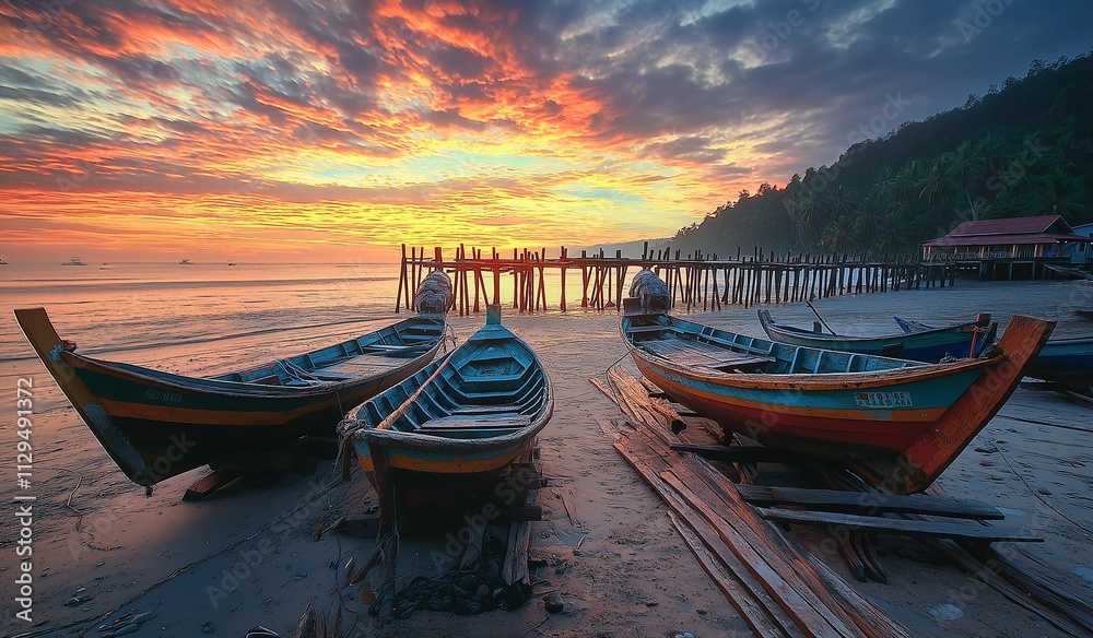 AI Generator pictures rowing boats along sandy beaches, sea dams, and rivers. with a mountain backdrop Sunrise time, sunset time, twilight time AI Generator pictures rowing boats along sandy beaches, sea dams, and rivers. with a mountain backdrop Sunrise time, sunset time, twilight time