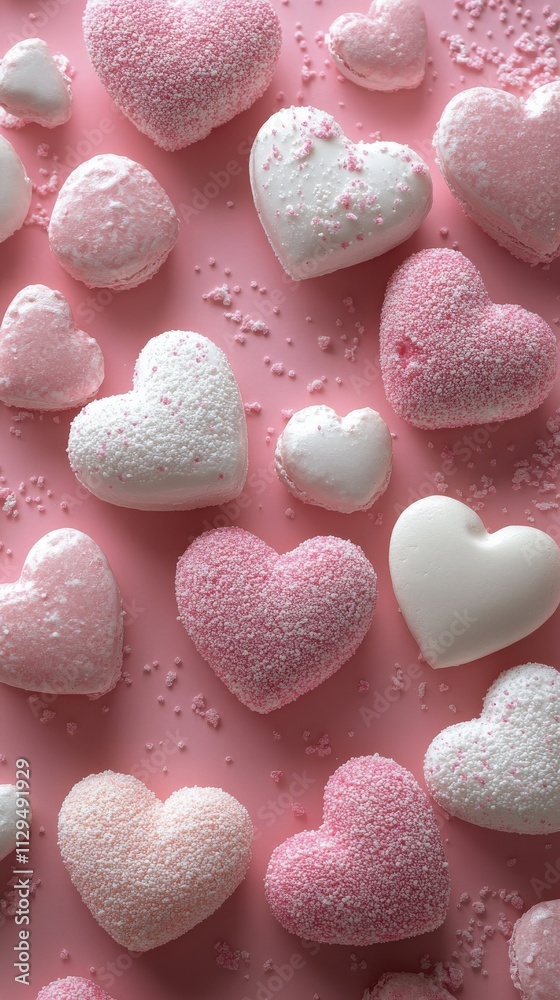 Obraz premium Colorful heart shaped treats on a pink background for a festive celebration