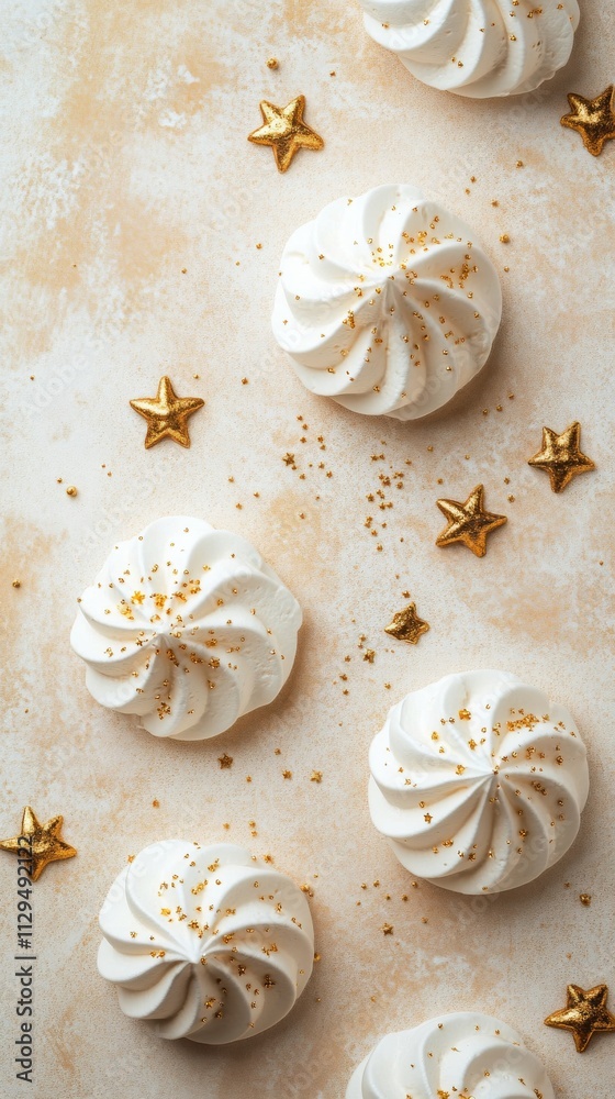 Decorative meringue cookies with gold stars on a light surface for festive celebrations Decorative meringue cookies with gold stars on a light surface for festive celebrations