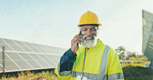 Engineer, solar energy and man with phone call outdoor for photovoltaic inspection and feedback on power saving check. Mature technician, talking or network integration for quality assurance on field