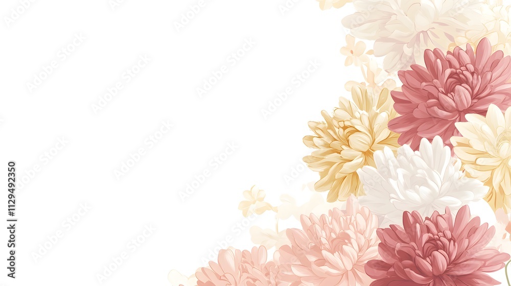 A border of pastel pink, white, and yellow chrysanthemums on an isolated background with lots of negative space around the edges A border of pastel pink, white, and yellow chrysanthemums on an isolated background with lots of negative space around the edges