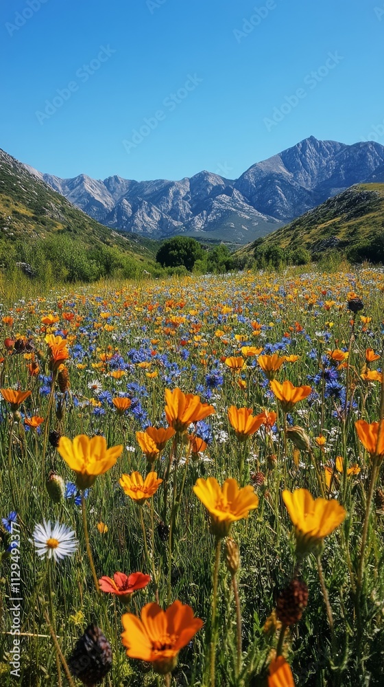 Fototapeta premium Colorful wildflower field in a mountain setting during a clear sunny day