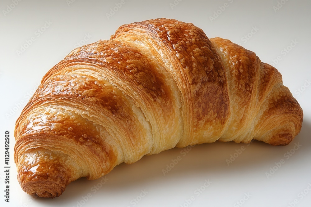 Perfectly baked golden croissant with flaky layers, close-up on white background, highlighting artisanal texture and buttery goodness Perfectly baked golden croissant with flaky layers, close-up on white background, highlighting artisanal texture and buttery goodness