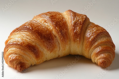 Perfectly baked golden croissant with flaky layers, close-up on white background, highlighting artisanal texture and buttery goodness