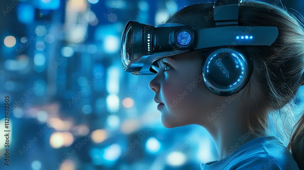 Young Girl Exploring Virtual Reality - Child, VR headset, futuristic city, technology, innovation.  Symbolizing future, exploration, learning, immersion, digital world.
