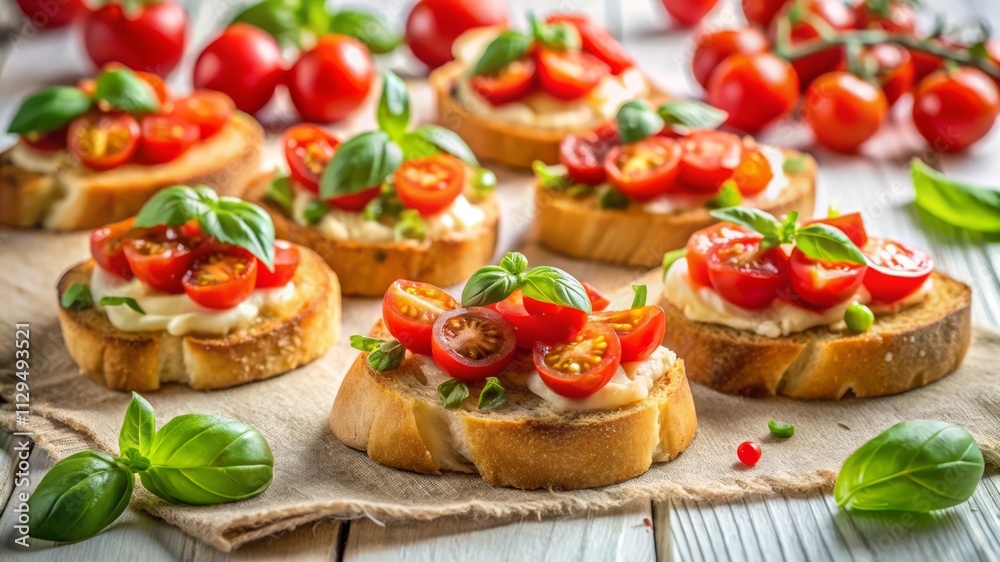 Classic Tomato and Basil Crostini on White Table with Natural Light Classic Tomato and Basil Crostini on White Table with Natural Light