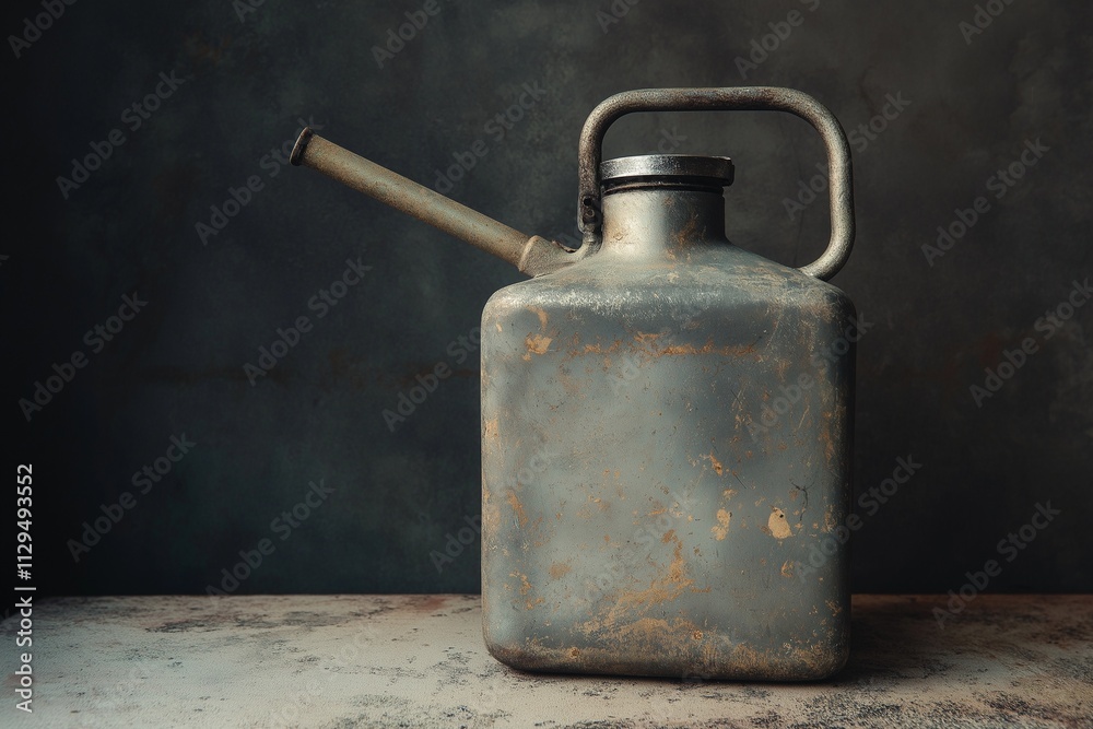 Weathered metal gasoline canister with spout, positioned on rugged surface Weathered metal gasoline canister with spout, positioned on rugged surface