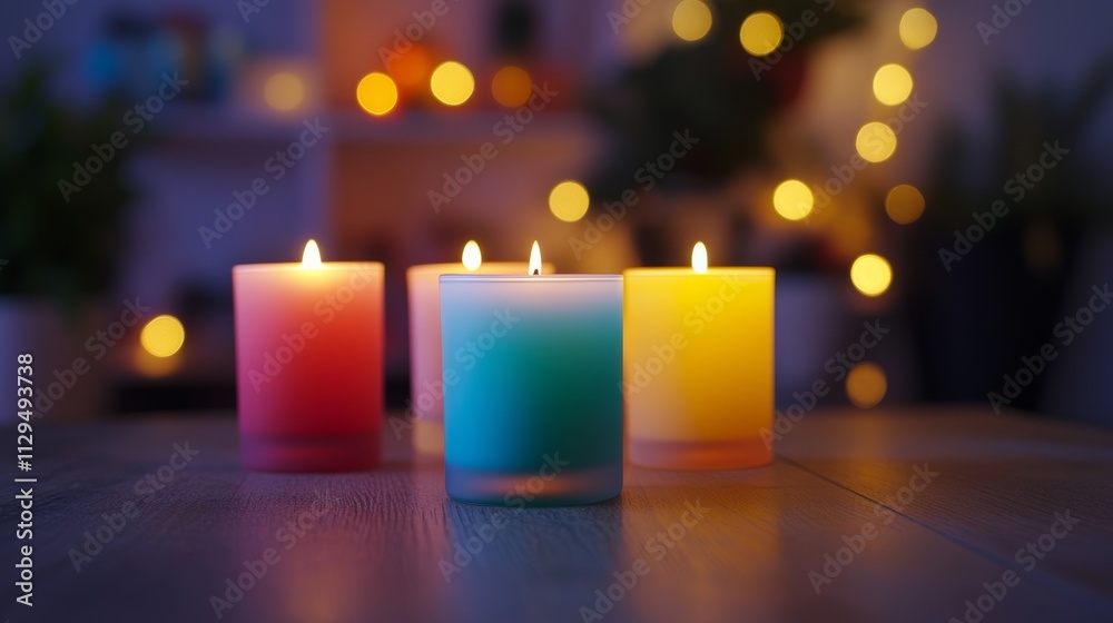 Relaxing Evening: Colorful Candles with Blurred Lights in the Background Relaxing Evening: Colorful Candles with Blurred Lights in the Background