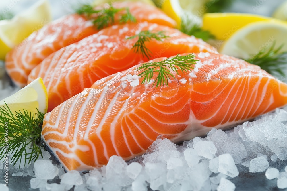 Fresh salmon fillet with dill and lemon chilling on ice for perfect presentation Fresh salmon fillet with dill and lemon chilling on ice for perfect presentation