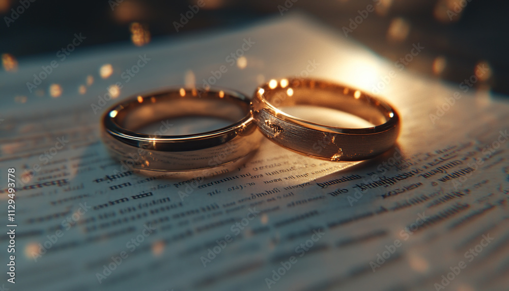 Symbolic rings in light against divorce document background Symbolic rings in light against divorce document background