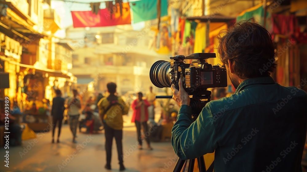filmmaker holding a camera on a bustling set, directing a scene with a vibrant backdrop and a crew working efficiently in the background filmmaker holding a camera on a bustling set, directing a scene with a vibrant backdrop and a crew working efficiently in the background