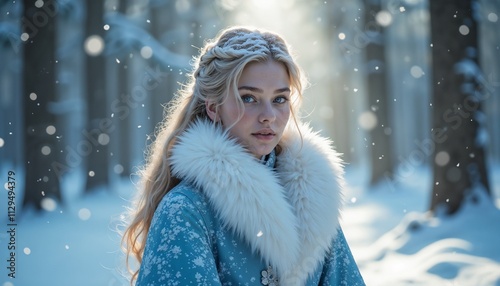 Young woman dressed as a snow maiden in a serene mood standing in a snowy forest photo