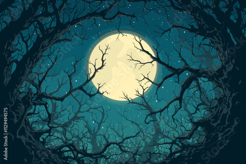 Moon is in the sky above a forest. The moon is large and bright. The sky is dark and the trees are bare flat vector illustration
