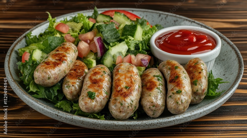 A plate of grilled sausages served with a fresh salad and ketchup. A plate of grilled sausages served with a fresh salad and ketchup.