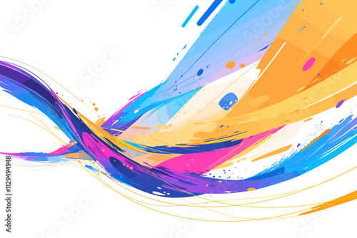 Colorful wave with splatters of paint. The colors are blue, orange, and yellow. The wave is on a white background flat vector illustration
