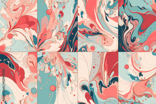 Set of six colorful abstract paintings with a blue and pink swirl. The paintings are all different sizes and are arranged in a grid flat vector illustration