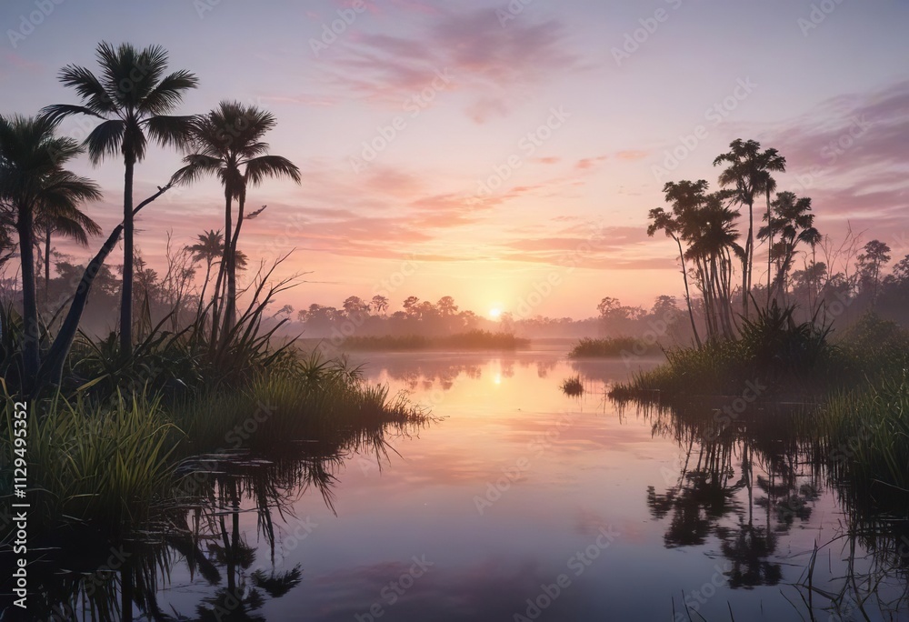 Obraz premium Evocative watercolor illustration of the everglades at dawn with soft blending of colors, tranquil scene, soft colors, misty dawn, artistic representation, subtle hues