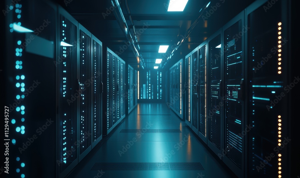 A dimly lit server room corridor lined with illuminated server racks, showcasing a high-tech data center environment. A dimly lit server room corridor lined with illuminated server racks, showcasing a high-tech data center environment.