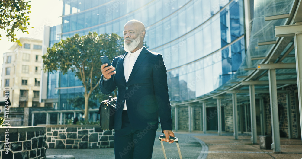 Phone, business and black man with luggage in city for journey, travel schedule or booking flight. Suitcase, walking and mature professional with mobile at building, hotel or trip outdoor on commute Phone, business and black man with luggage in city for journey, travel schedule or booking flight. Suitcase, walking and mature professional with mobile at building, hotel or trip outdoor on commute