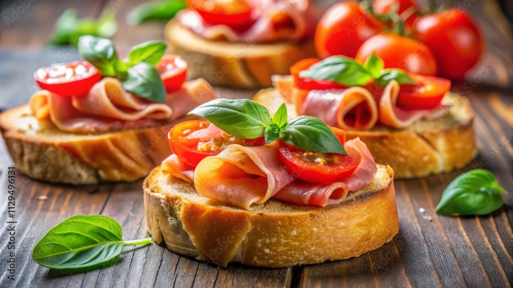 Prosciutto Crostini with Fresh Tomato and Basil Close-Up Prosciutto Crostini with Fresh Tomato and Basil Close-Up