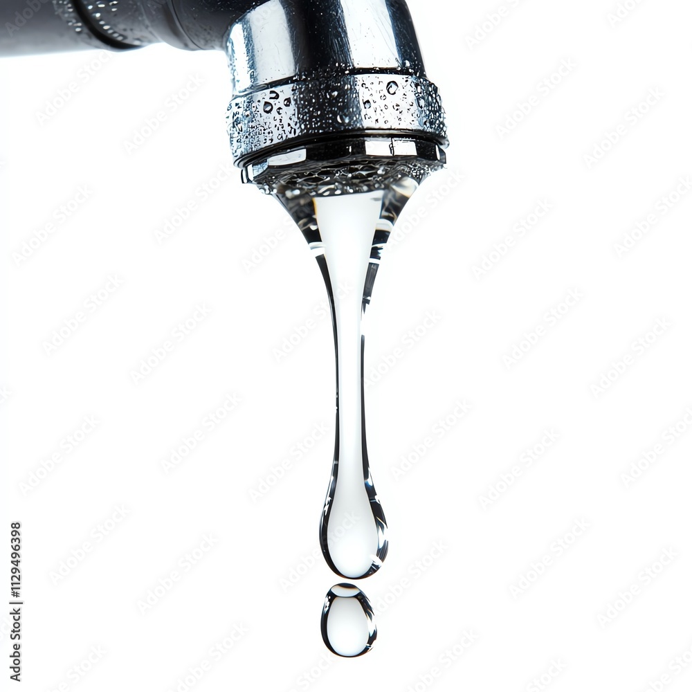 Water droplet emerging from a faucet against a pure white background. Water droplet emerging from a faucet against a pure white background.