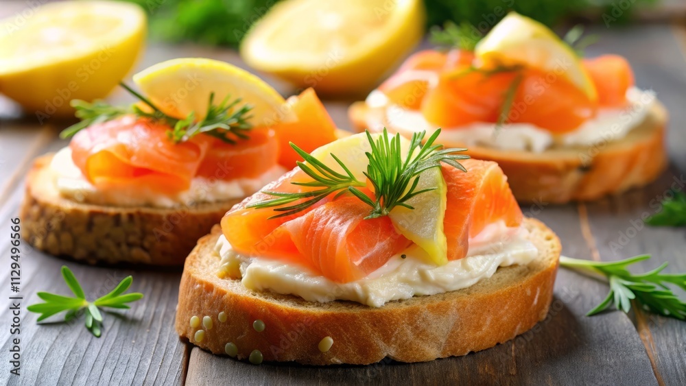 Smoked Salmon and Cream Cheese Crostini with Fresh Dill Close-Up Smoked Salmon and Cream Cheese Crostini with Fresh Dill Close-Up