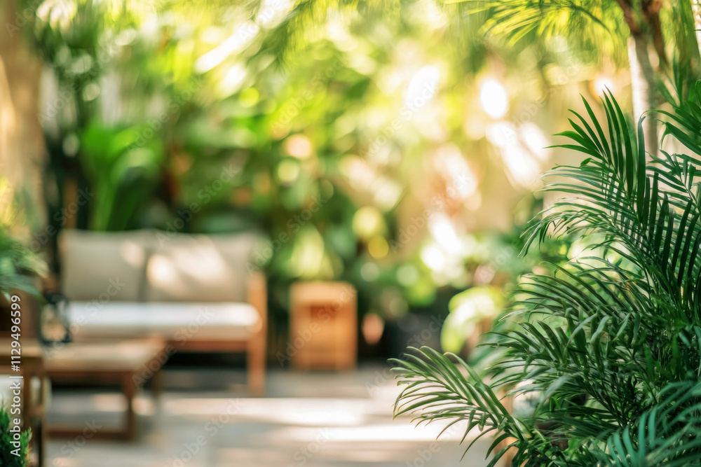 Tranquil garden patio with lush greenery and comfortable seating Tranquil garden patio with lush greenery and comfortable seating