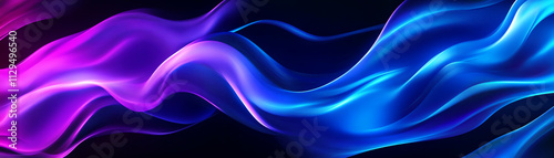 Abstract flowing waves of vibrant purple and blue colors on a dark background.
