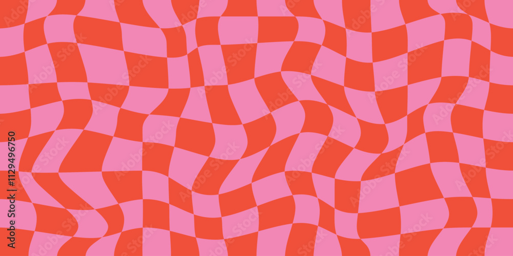 Twisted checkered colorful background. Retro wavy psychedelic checkerboard