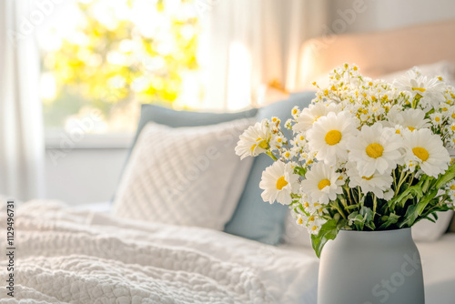 Wallpaper Mural Cozy bedroom with sunlight and daisies in a vase on a comfy bed Torontodigital.ca