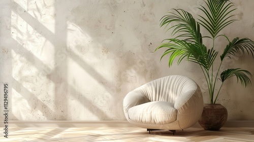 Modern living room featuring a stylish armchair and a leafy plant beside a neutral plaster wall photo