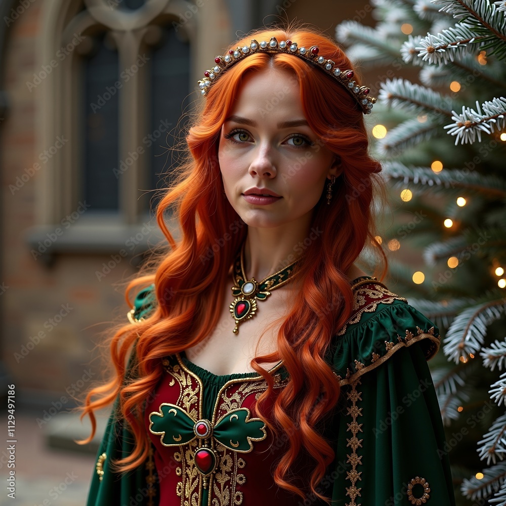 Fototapeta premium Redhead in medieval dress near Christmas tree