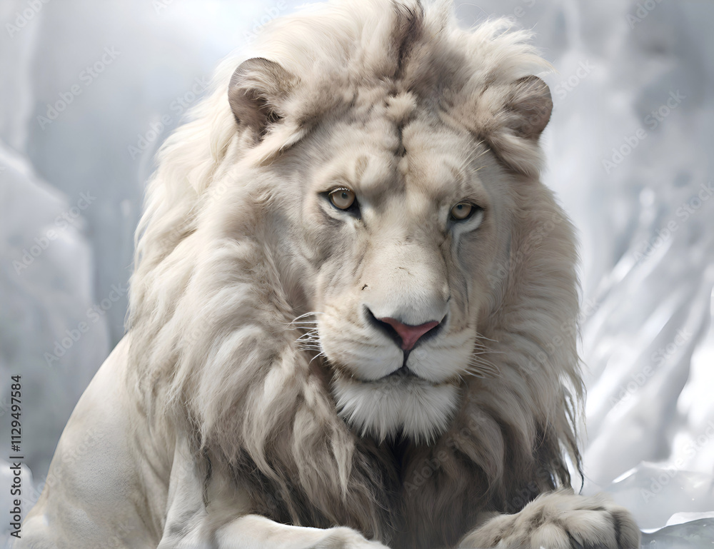 handsome white lion with opulent hair mane laying on ice in Arctic ocean. close up. Digital conceptual artwork, natural style. Ai generated