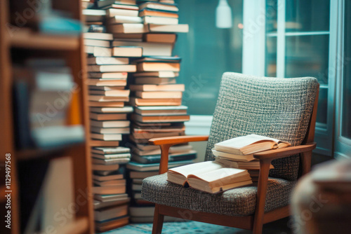 Cozy reading nook with stacked books and retro armchair in soft lighting