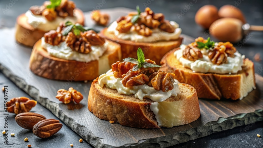 Goat Cheese, Honey, and Walnut Crostini on Slate Plate Goat Cheese, Honey, and Walnut Crostini on Slate Plate