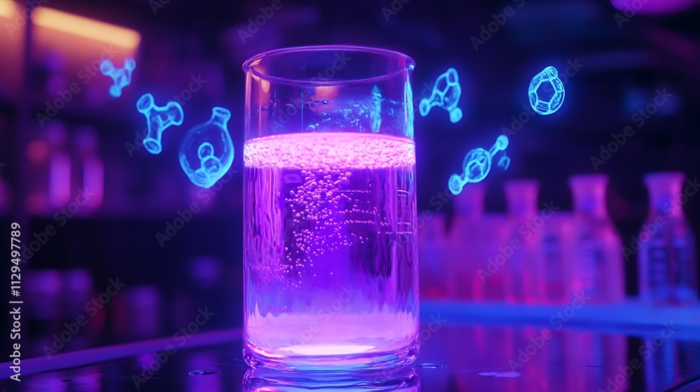 Glowing beaker filled with purple liquid and molecules