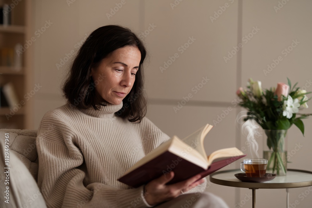 Caucasian mature female reading a book with tea in cozy home environment Caucasian mature female reading a book with tea in cozy home environment