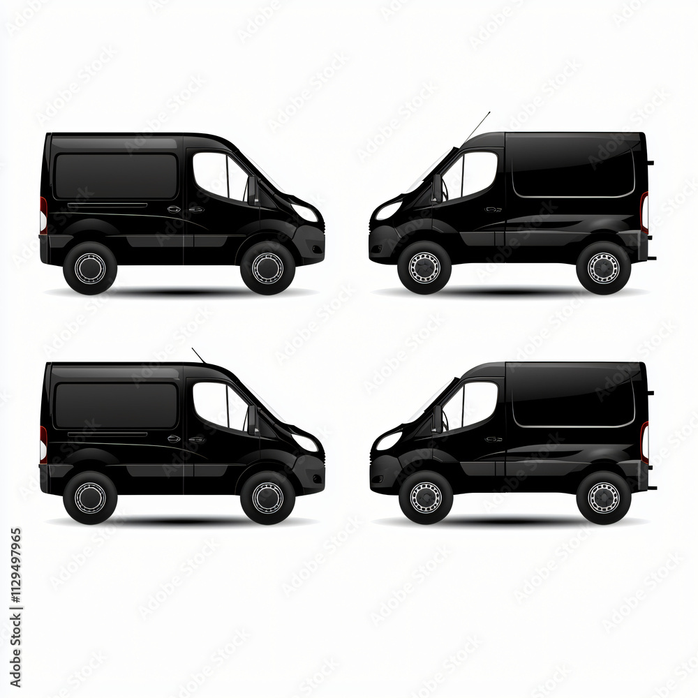 icon set of 4 black delivery trucks, white background icon set of 4 black delivery trucks, white background