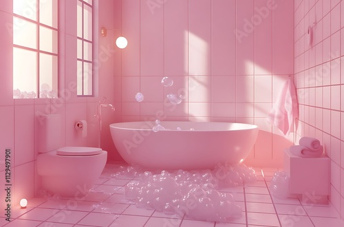 A whimsical pink bathroom in minimal style, featuring a bathtub, toilet, and bubble foam on the floor
