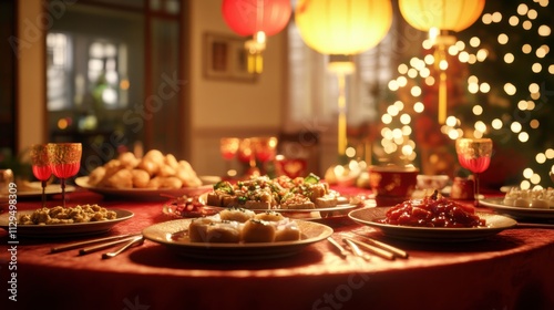 Festive Chinese New Year Celebration with Traditional Dinner Spread and Lanterns