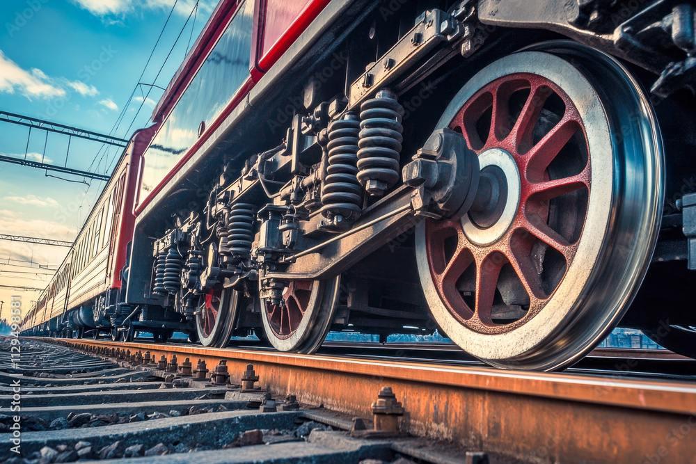 Fototapeta premium Vintage steam train on railway tracks with dramatic low angle perspective