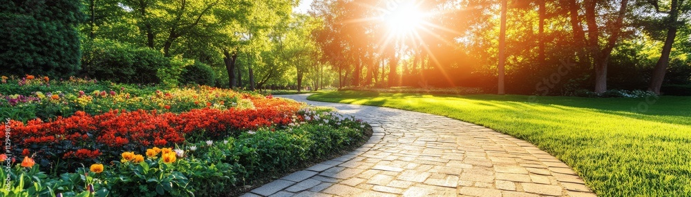 Sunlit Garden Path Vibrant Flowers, Stone Walkway, Lush Greenery, Peaceful Scene, landscape photography, garden design, spring blooms. landscape Sunlit Garden Path Vibrant Flowers, Stone Walkway, Lush Greenery, Peaceful Scene, landscape photography, garden design, spring blooms. landscape