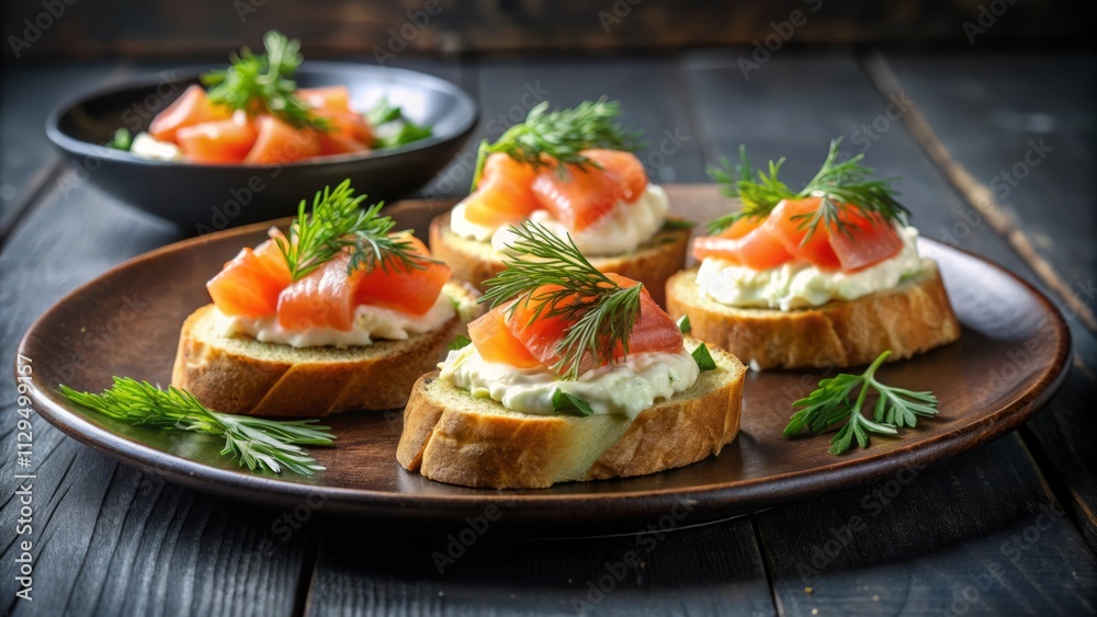Smoked Salmon and Cream Cheese Crostini on Black Ceramic Plate