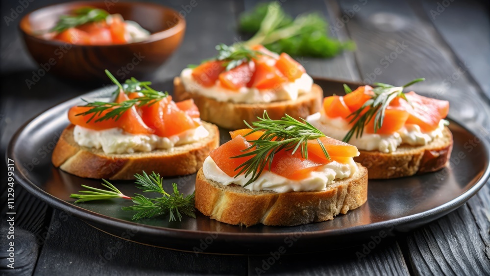 Smoked Salmon and Cream Cheese Crostini on Black Ceramic Plate Smoked Salmon and Cream Cheese Crostini on Black Ceramic Plate