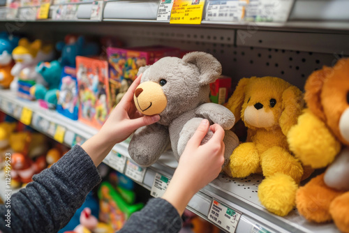 Child choosing toy bear in store aisle among plush animals photo