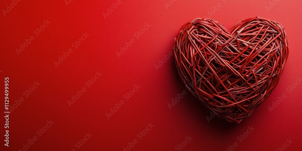 Heart shaped woven decoration on a vibrant red background for celebration Heart shaped woven decoration on a vibrant red background for celebration
