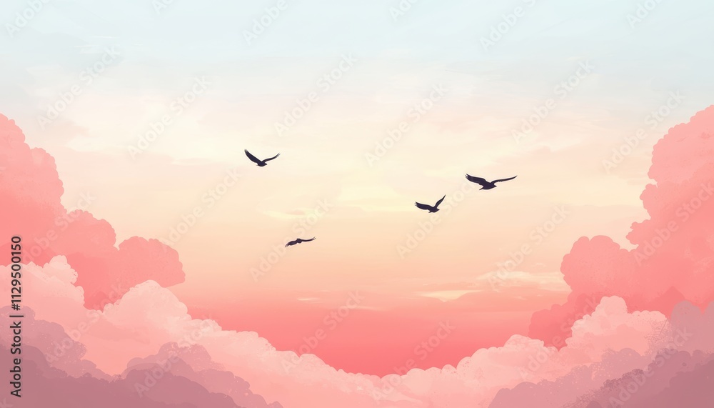 Fototapeta premium A serene sky at dawn with soft pastel clouds and birds flying, evoking a sense of peace and tranquility.